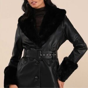 Lioness Black Leather Jacket with Faux Fur Trim